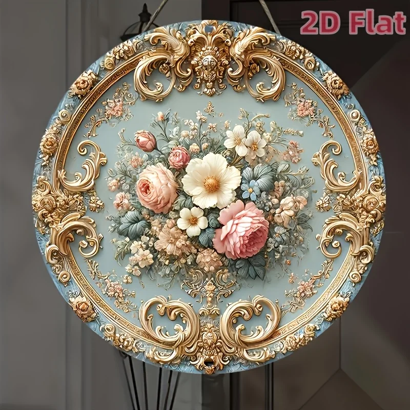 2D Flat - Elegant 2D Flat Round Baroque Floral Wooden Wall Art Featuring Vibrant Flowers, (1pc 7.87inch*7.87inch) Suitable for D