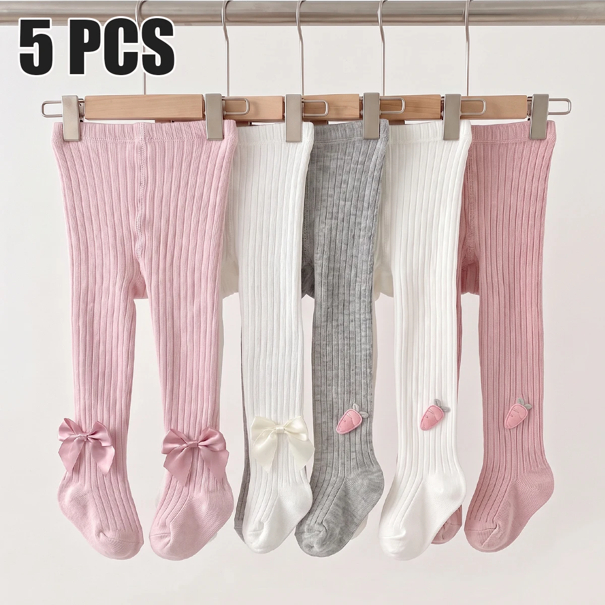 5‑PCS Girls Kids Tights, Slim Fit Spring Autumn Warm High‑Elastic Tights, Vertical Rib with Bow & Carrot Decor Cute Fashion, for