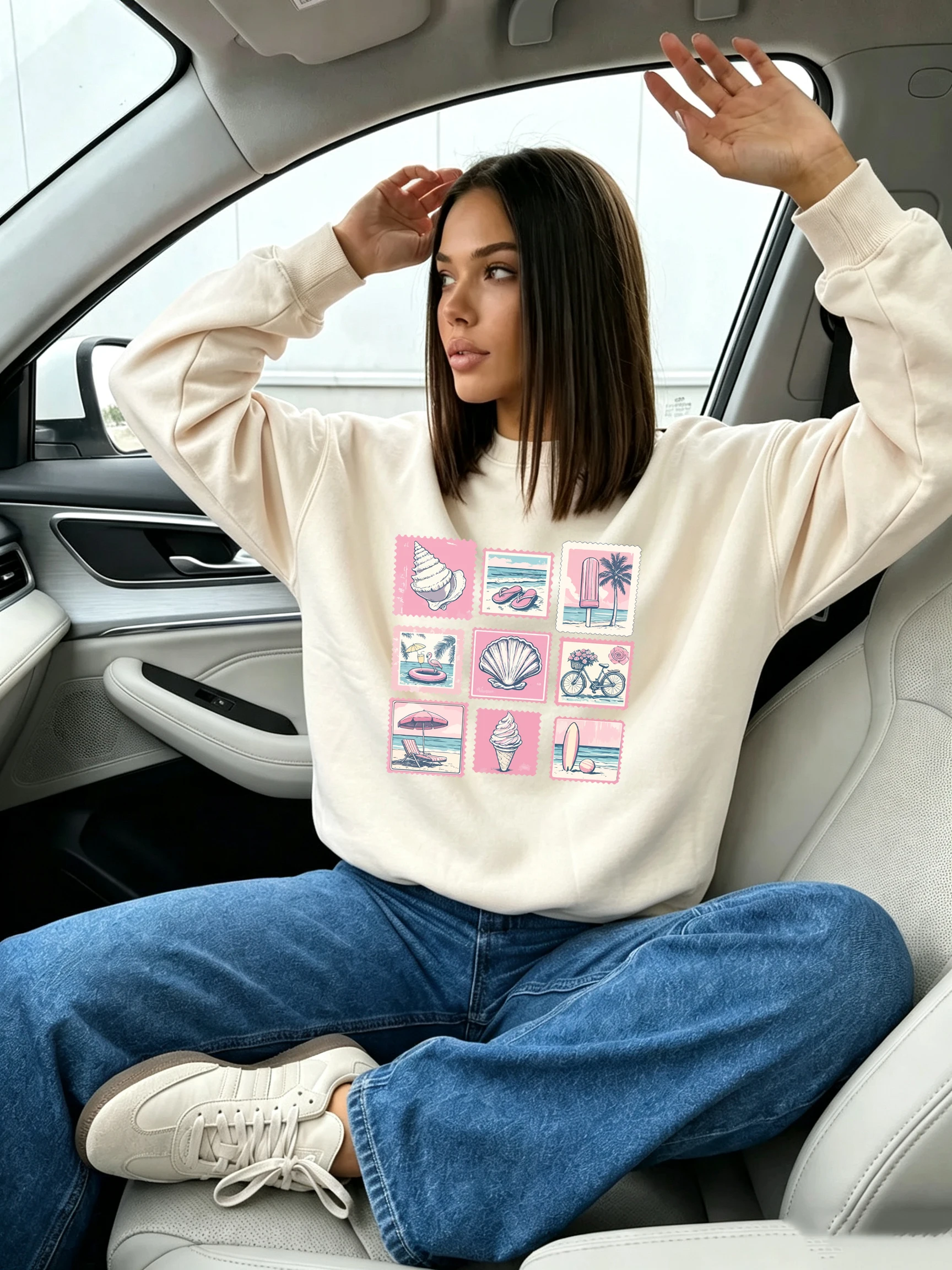 Vintage Shell Beach Stempelprint Damen Pullover Lockerer Fleece-Sweatshirt Herbst Y2K Kleidung Rundhals Jogging Sportbekleidung – Detail 16