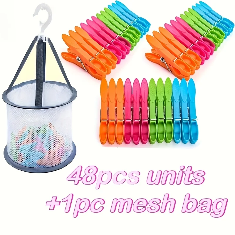 48pcs Hanging Clips Set With Mesh Storage Bag - Windproof No-Mark Laundry Clothespins For Socks & Delicates, Colorful Multi-Use