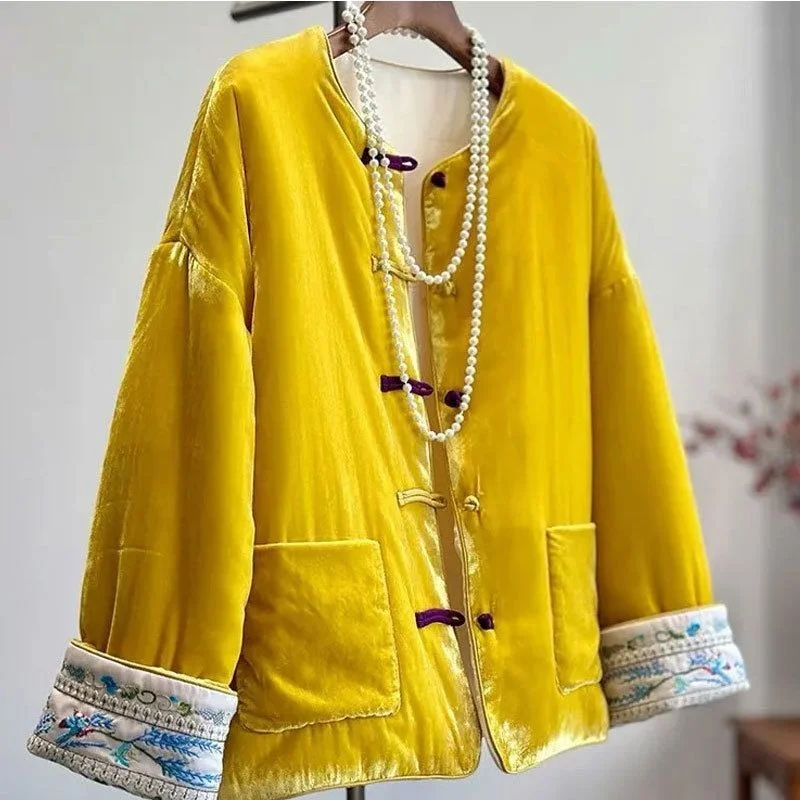 

Новая желтая куртка с пряжкой в китайском стиле на осень 2024, женский элитный костюм Тан в стиле ретро, пальто w1432