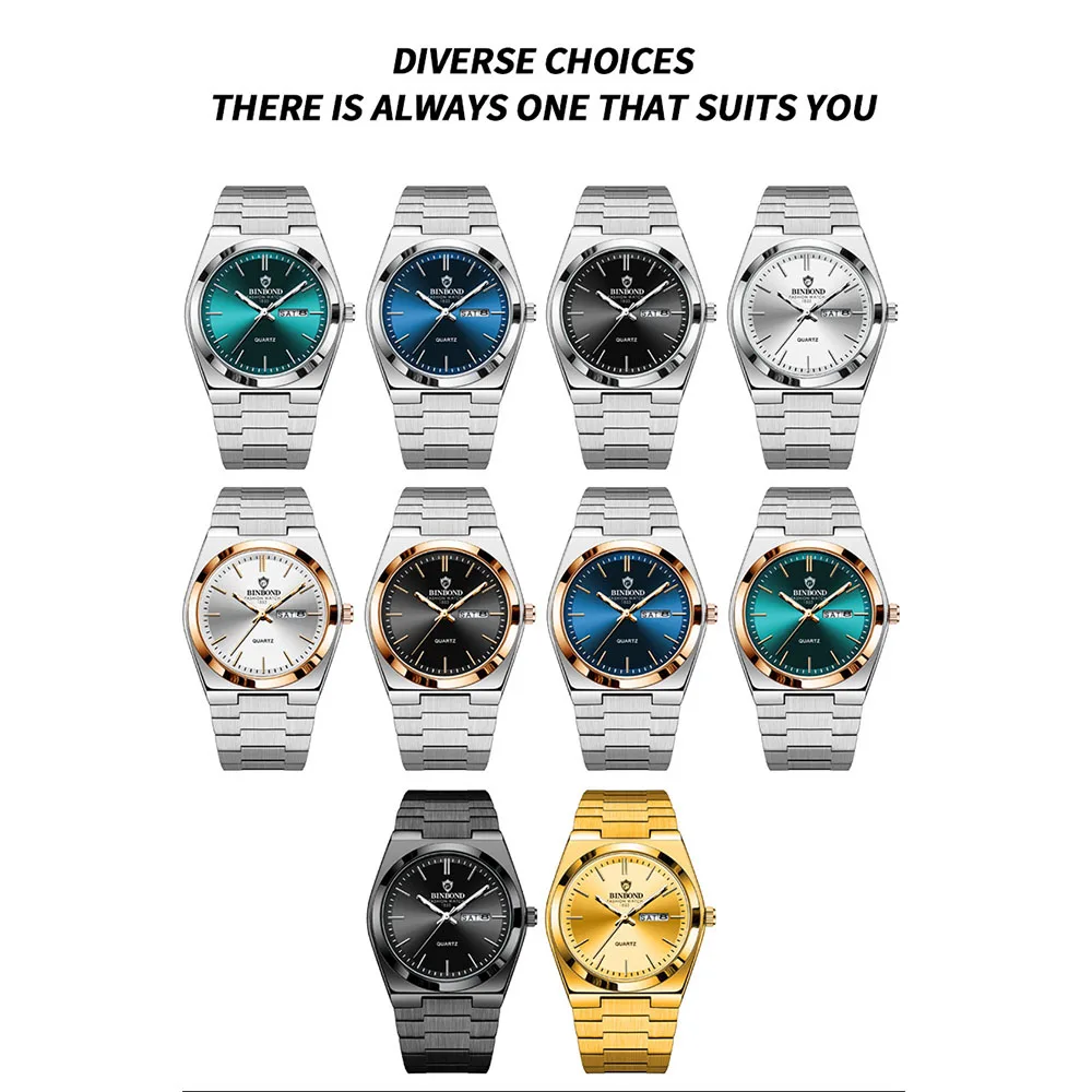 BINBOND Men's Watches Simple Fashion Original Quartz Watch for Man Waterproof Fine Steel Luminous Date Week Trend Gift Box Reloj