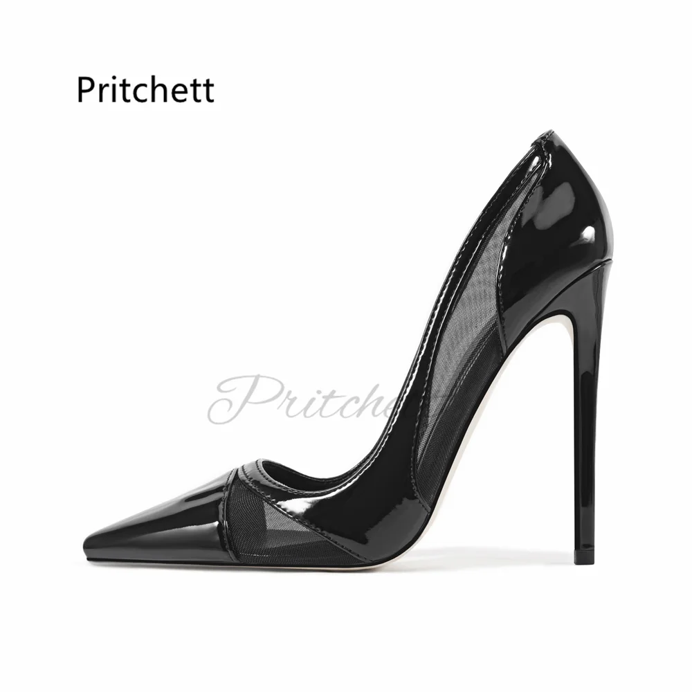 

Black Mesh Patent Leather Stiletto Pumps Women Pointed Toe Shallow Slip On Office 12Cm High Heels Elegant 2026 Spring New