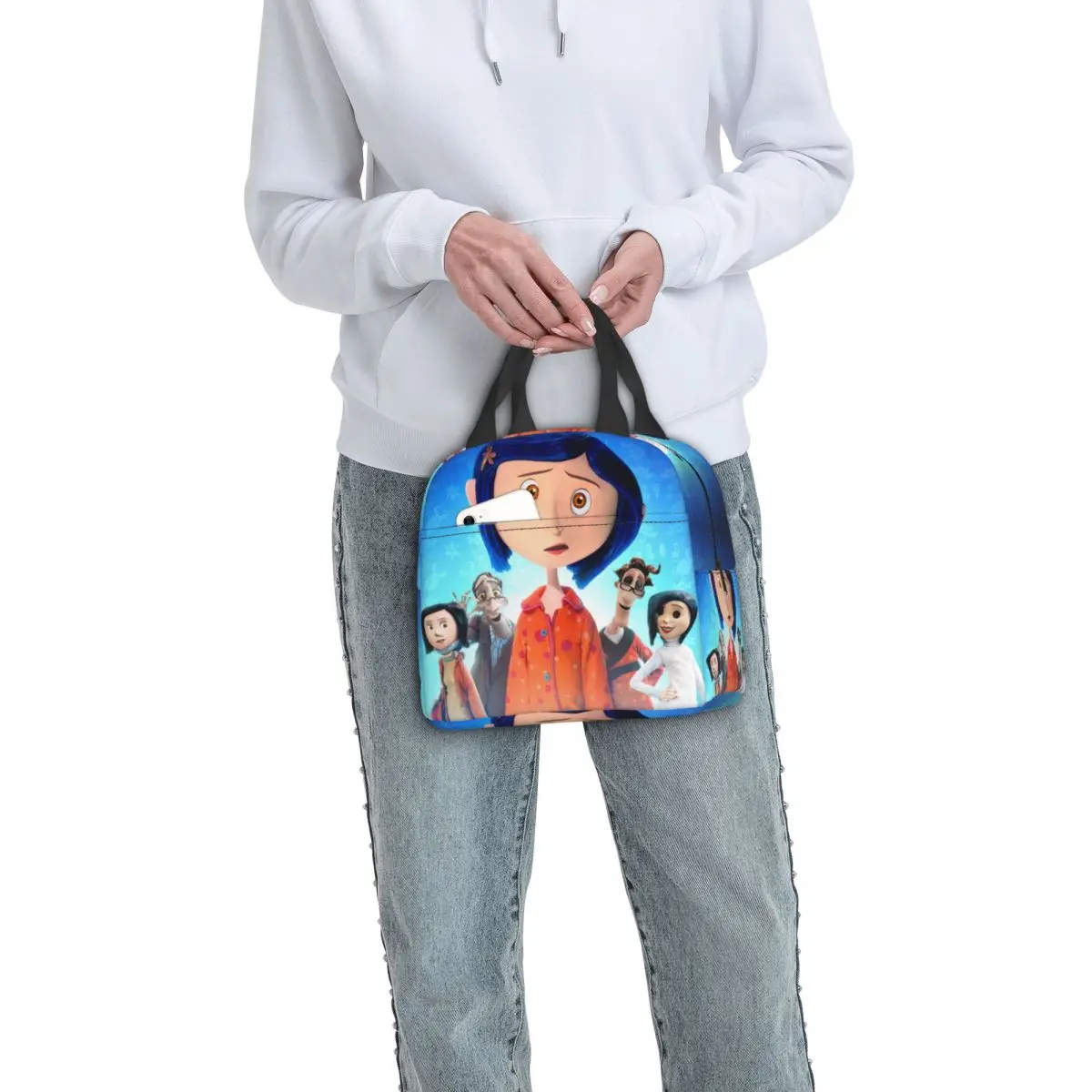 Custom Halloween Coraline Horror Movie Lunch Bag Women Cooler Warm Insulated Lunch Box for Student School Food Picnic Tote Bags