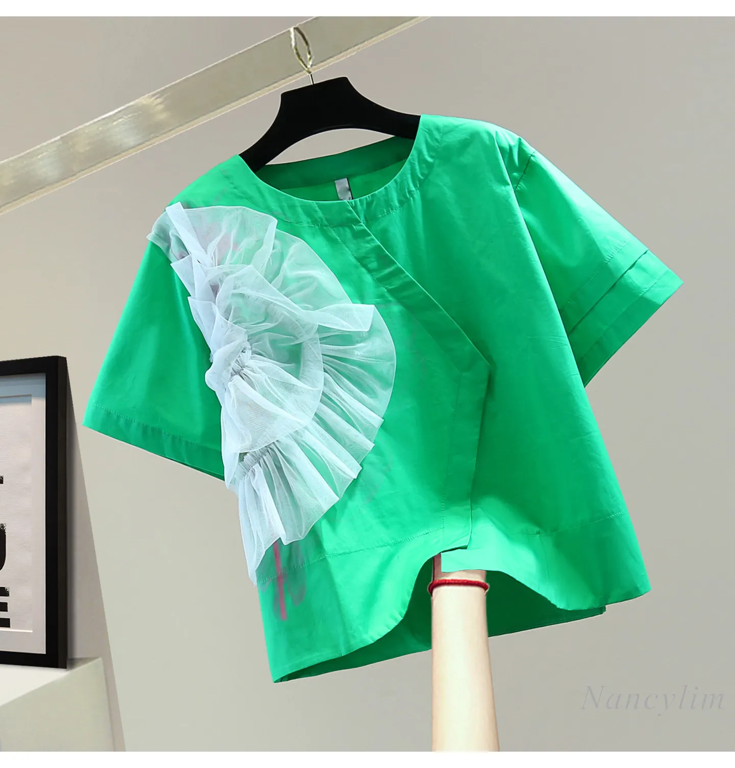 

Mesh Patchwork Tie-dye Pullover Shirt - 2026 Summer Loose Fit, Ruffle Trim, Round Neck, Short Sleeve Trendy, Green Blouse Women