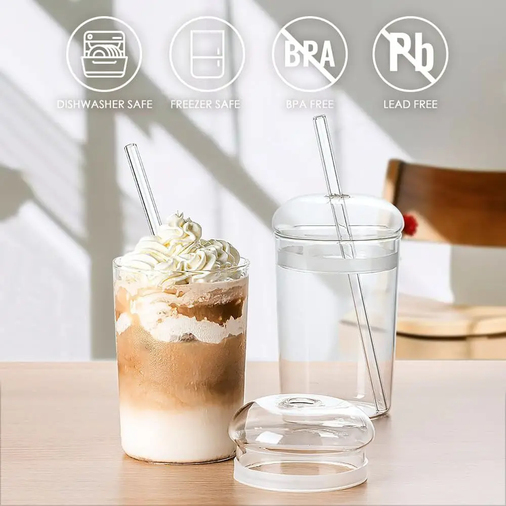 Glas becher mit Deckel und Strohhalm, 500ml Eis kaffeetasse mit Kuppel deckel Glas becher mit Strohhalm für Kaffee bar zubehör