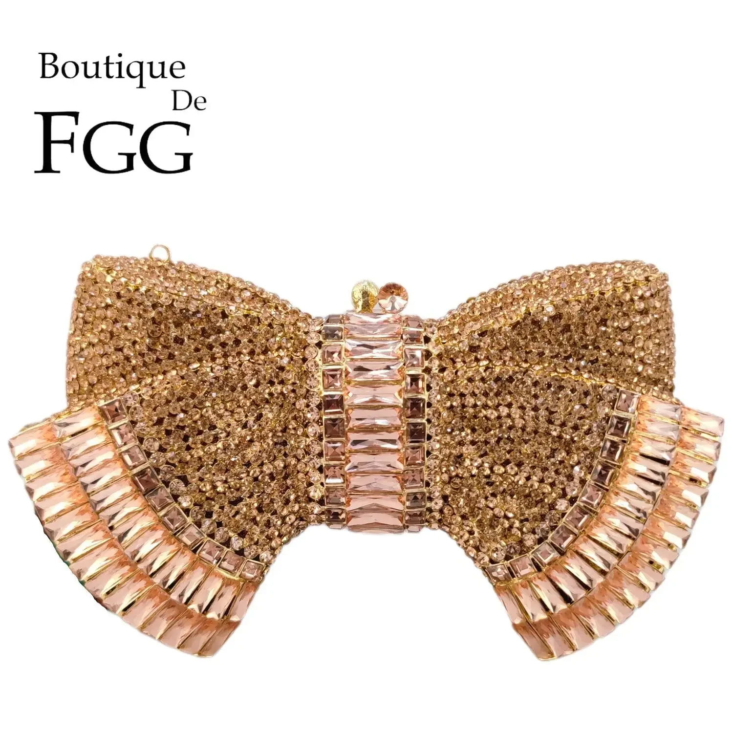 Boutique De FGG Bow Clutch Evening Minaudiere Bag Women Rosegold Crystal Minaudiere Handbags Wedding Bridal Rhinestone Purse