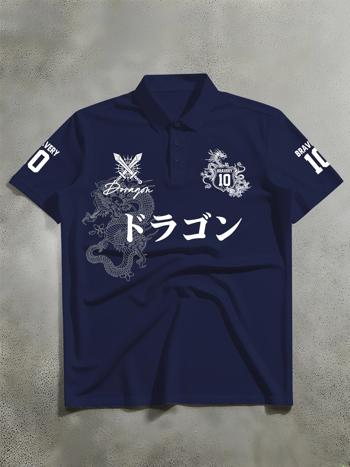 Neues Herren-Poloshirt mit kurzen Ärmeln, japanischer Stil, mit digital bedrucktem Drachenmuster auf den Ärmeln. – Detail 5