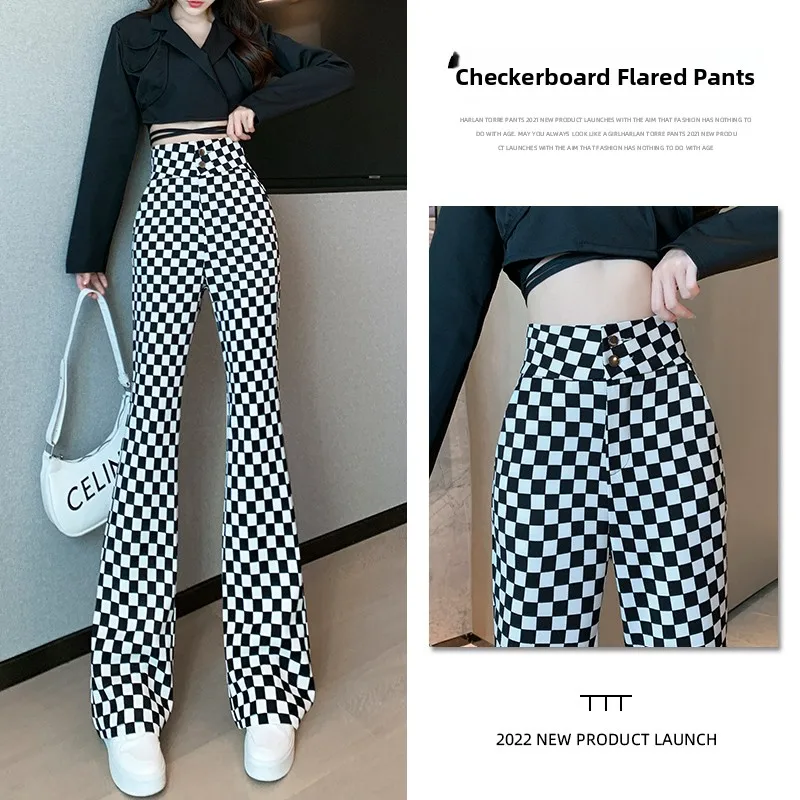 Retro Plaid Vrouwen Rechte Pijpen Casual Drapey Afslanken Hoge Taille Micro Uitlopende Broek Koreaanse Sle Pendelen Wind Lange Broek
