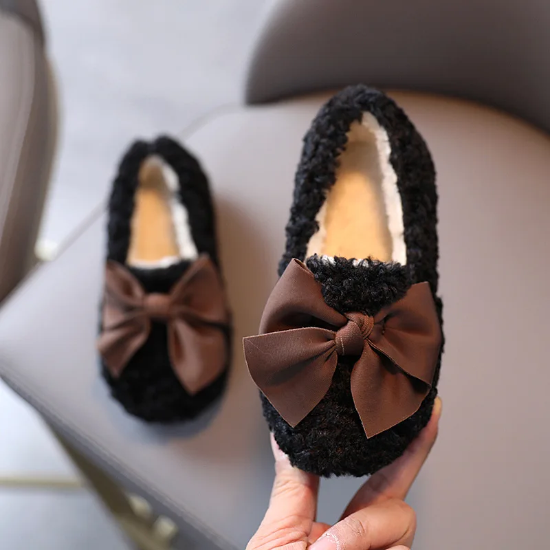 

Warm Round Toe Fashion Three Colors Girl's Shoe Children Winter Loafers Bowtie Fleece Leisure Slip-on Kids Flat Shoes