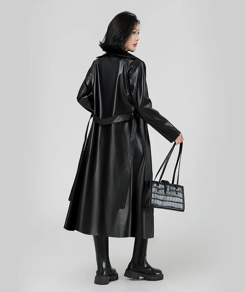 Manteaux en Faux cuir pour femmes, Trench-coat en Pu, ceinture d'extérieur, taille serrée, col rabattu, Punk, Streetwear, coupe-vent, automne
