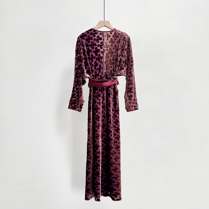 Purple Red Velvet Jacquard Wrap Midi Dress US 2-US 10