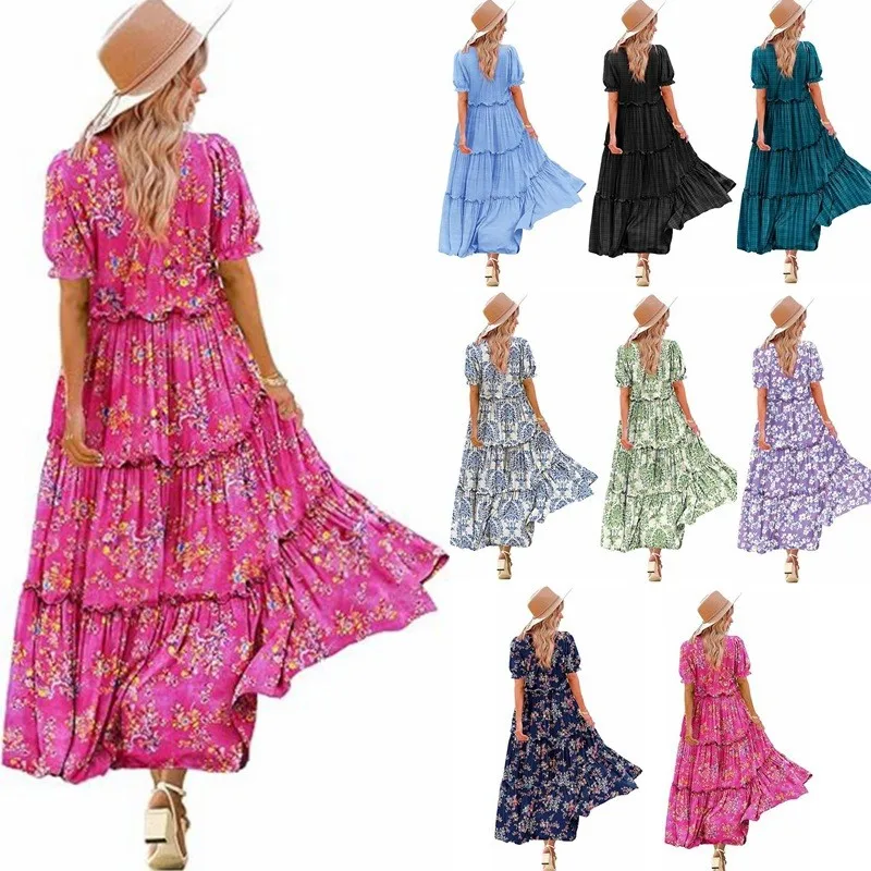 Vestidos formales para Mujer, cuello redondo, manga corta, bohemio, pequeño vestido acampanado con estampado Floral, falda larga versátil de estilo turístico para Mujer