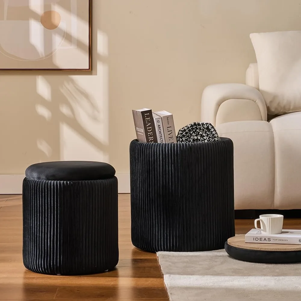 

Round Set of 2 Ottoman with Storage-Upholstered Velvet Vanity Stool for Makeup Multifunctional Ottomans Coffee Table Padded Seat