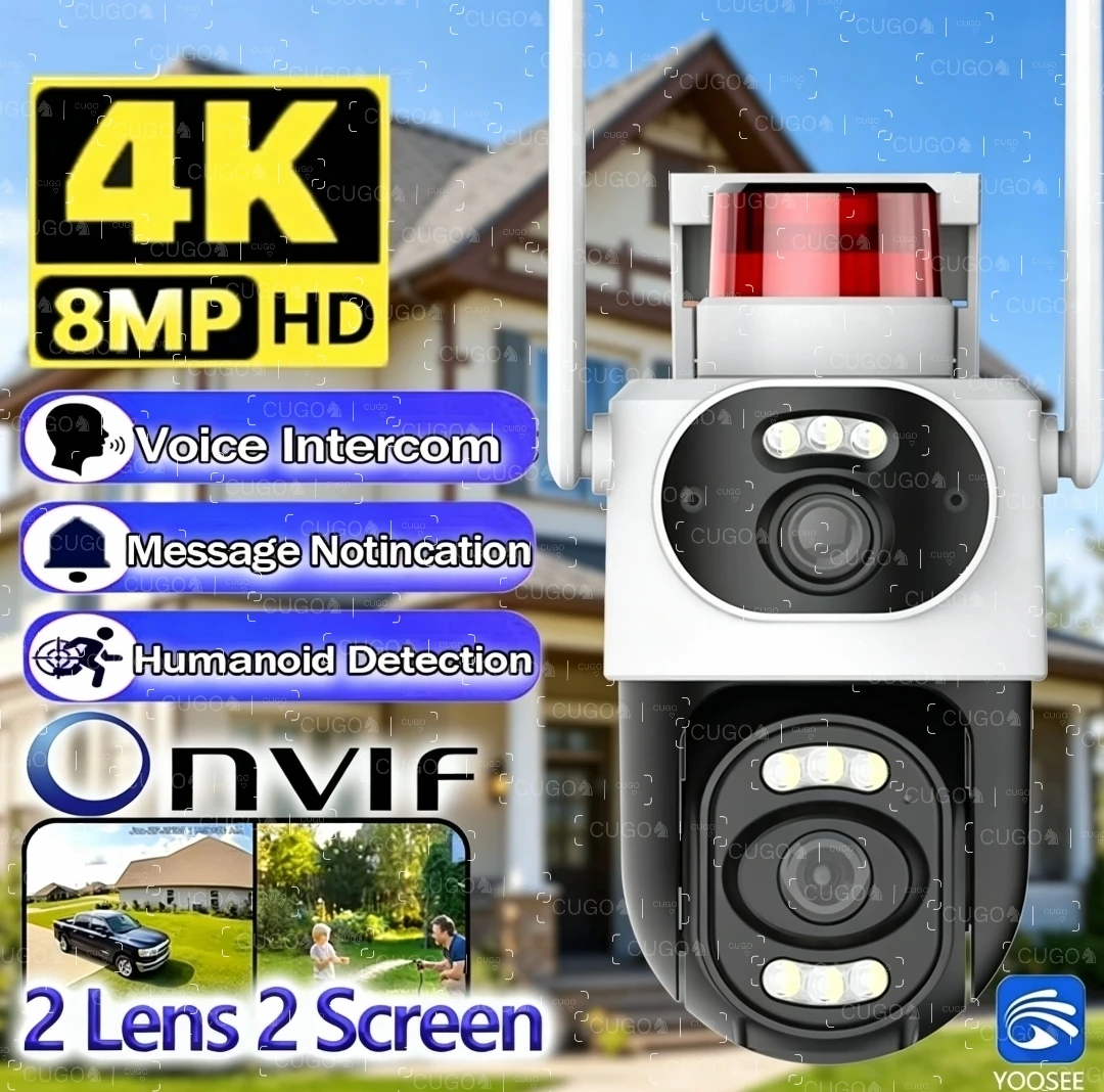 

4K 8MP HD Wi-Fi PTZ-камера с двумя объективами и сигнальными лампами, уличная беспроводная IP-камера для безопасности с автоматическим отслеживанием и функцией видеонаблюдения