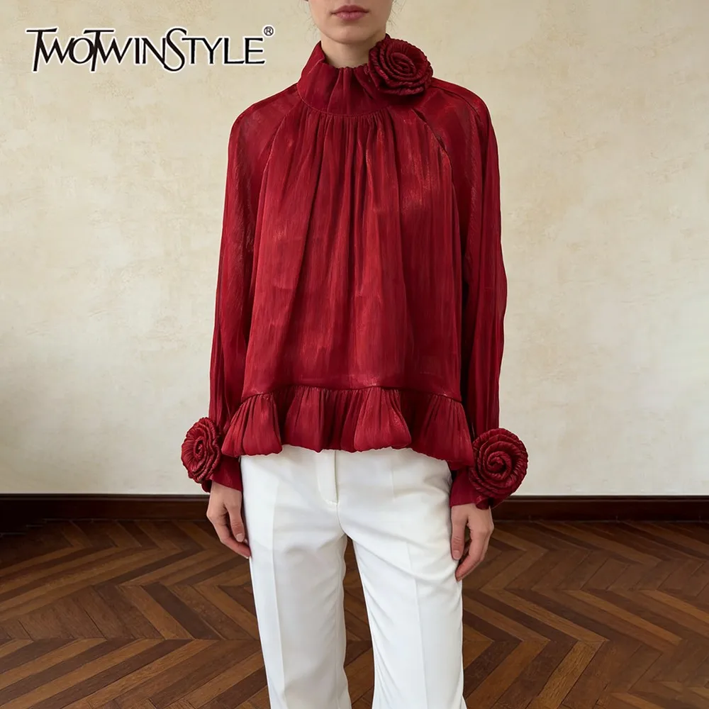 

TWOTWINSTYLE Solid Spliced 3D Folds Shirt Female Turtleneck Long Sleeve Loose Elegant Basics Women's Shirts Autumn Fashion New