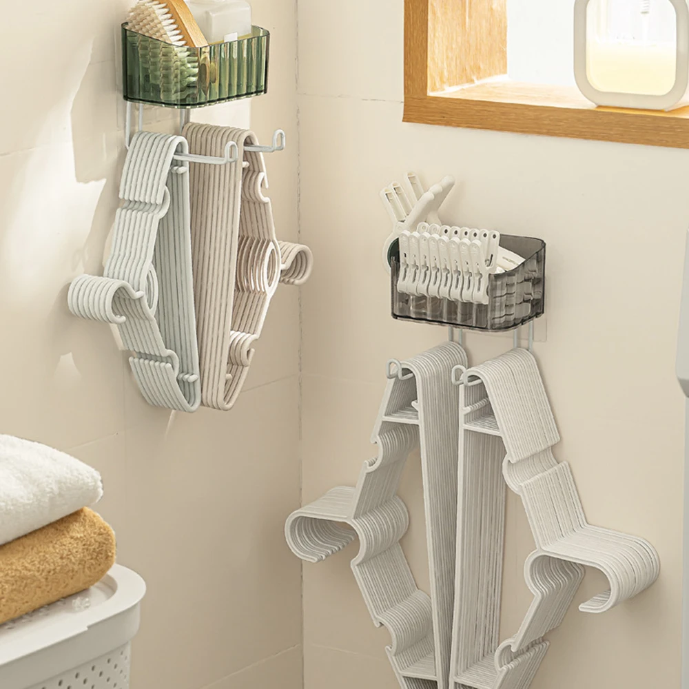 Punch-Free Wall-Mounted Clothes Hanger Organiser Wear Resistant Finishing Box For Laundry Room