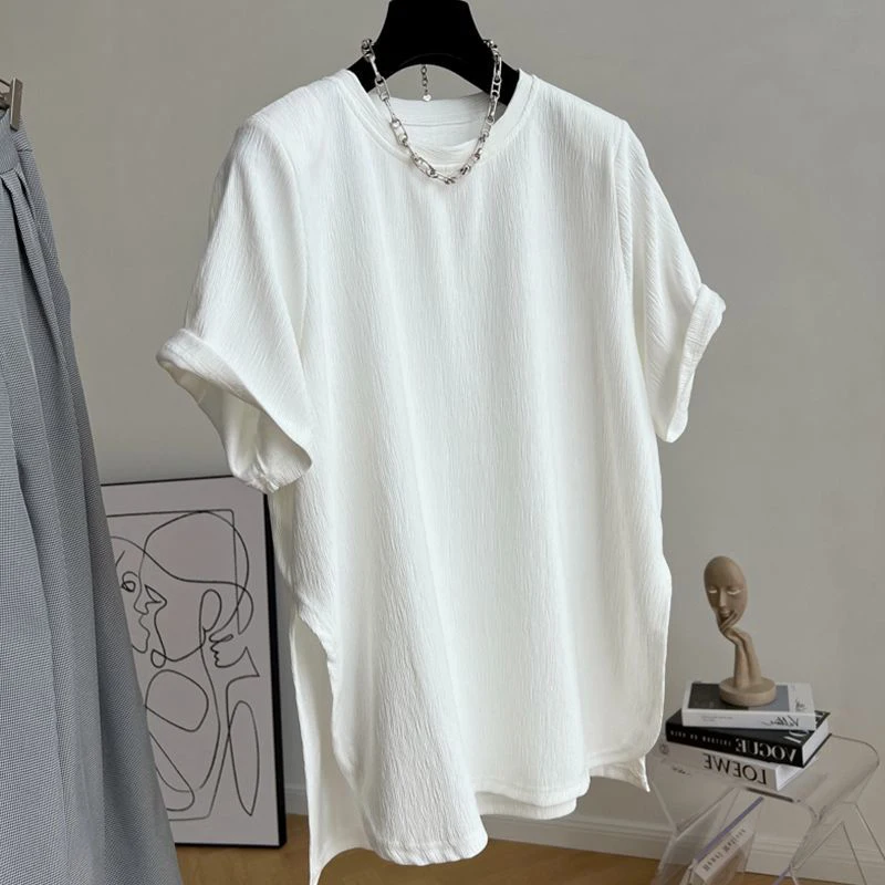 

plus Size 300 Pou Summer Korean Loose Svel Women's T-irt Ele Slit Pleated Trendy Top round Ne ort Sve