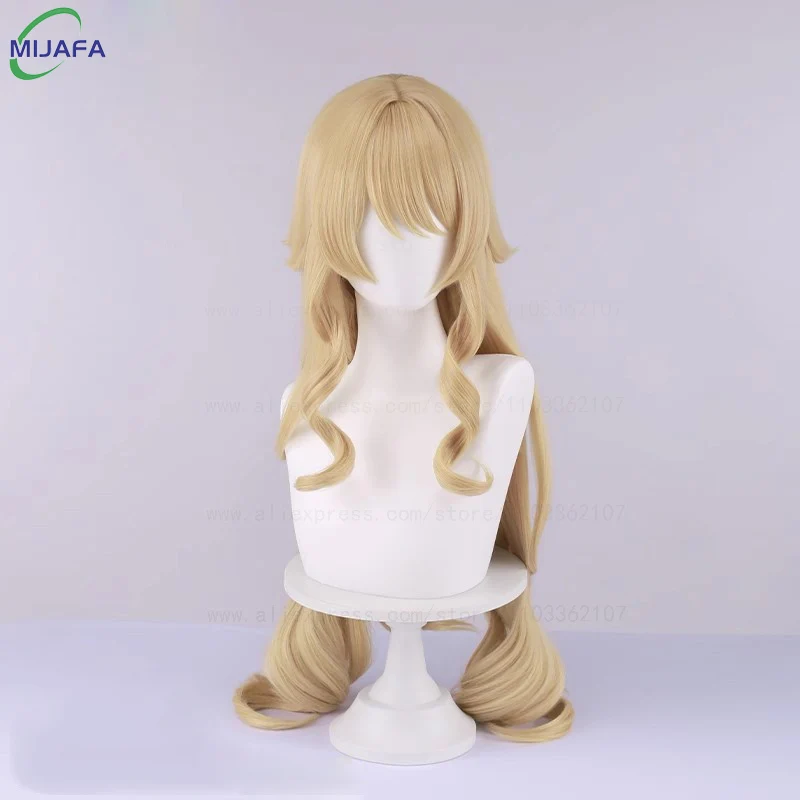 عالية الجودة فونتين نافيا شعر مستعار تأثيري طويل الكتان الذهب موجة مجعد مقاومة للحرارة الاصطناعية الشعر فروة الرأس أنيمي لعبة الباروكات + غطاء شعر مستعار #2