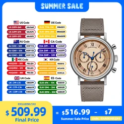 FARASUTE Men Automatic Watch Retro Chronograph Mechanical Watch Sapphire Stainless Steel Three Window Waterproof Peacock 4801