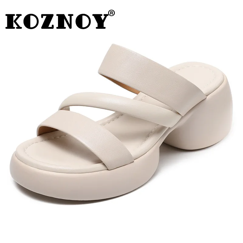 Koznoy 6.5Cm Hollow Chunky Heels Genuine Leather Rhinestone Bling Sandals Fashion Women Ethnic Peep Toe Summer Slippers Shoes