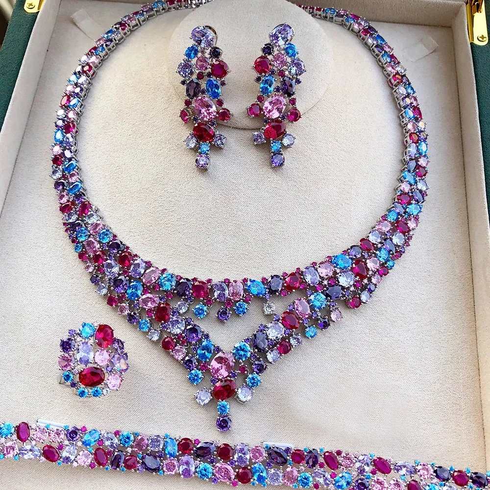 

Kellybola New Luxury Shimy Charm Necklace Earrings Bangle Ring Jewelry Set Super CZ Trendy Fresh Lovely Jewelry Bridal Wedding
