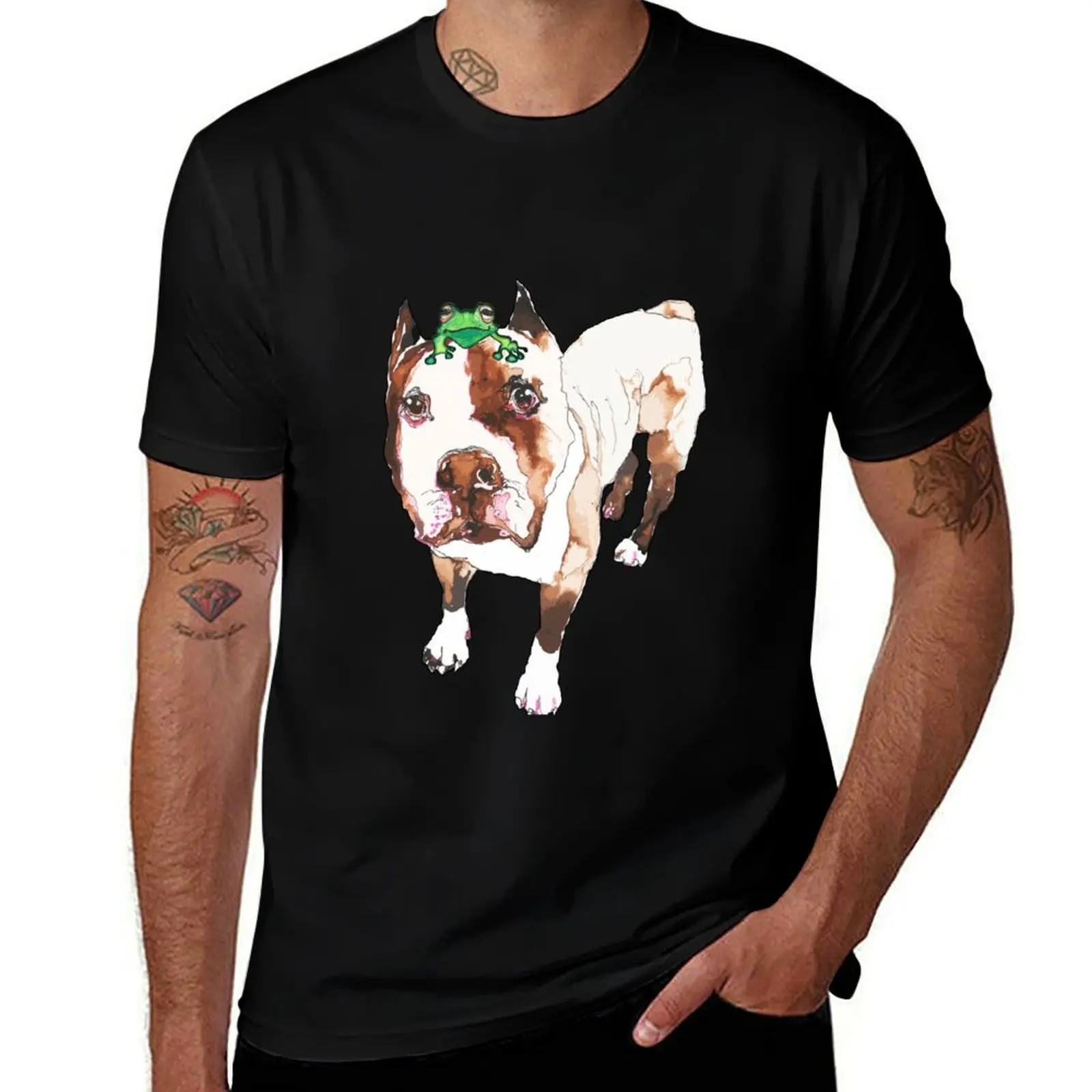 Pitbull dogand his Friend Frog T-Shirt Heavy Duty Casual Work Tee T-Shirt