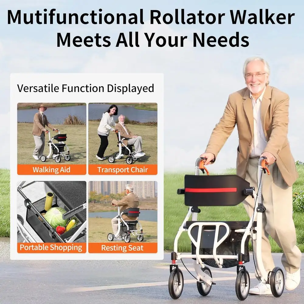 高齢者向けオールインワン折りたたみ式歩行器、軽量アルミニウム製歩行器、人間工学に基づいたデザイン、ホワイト