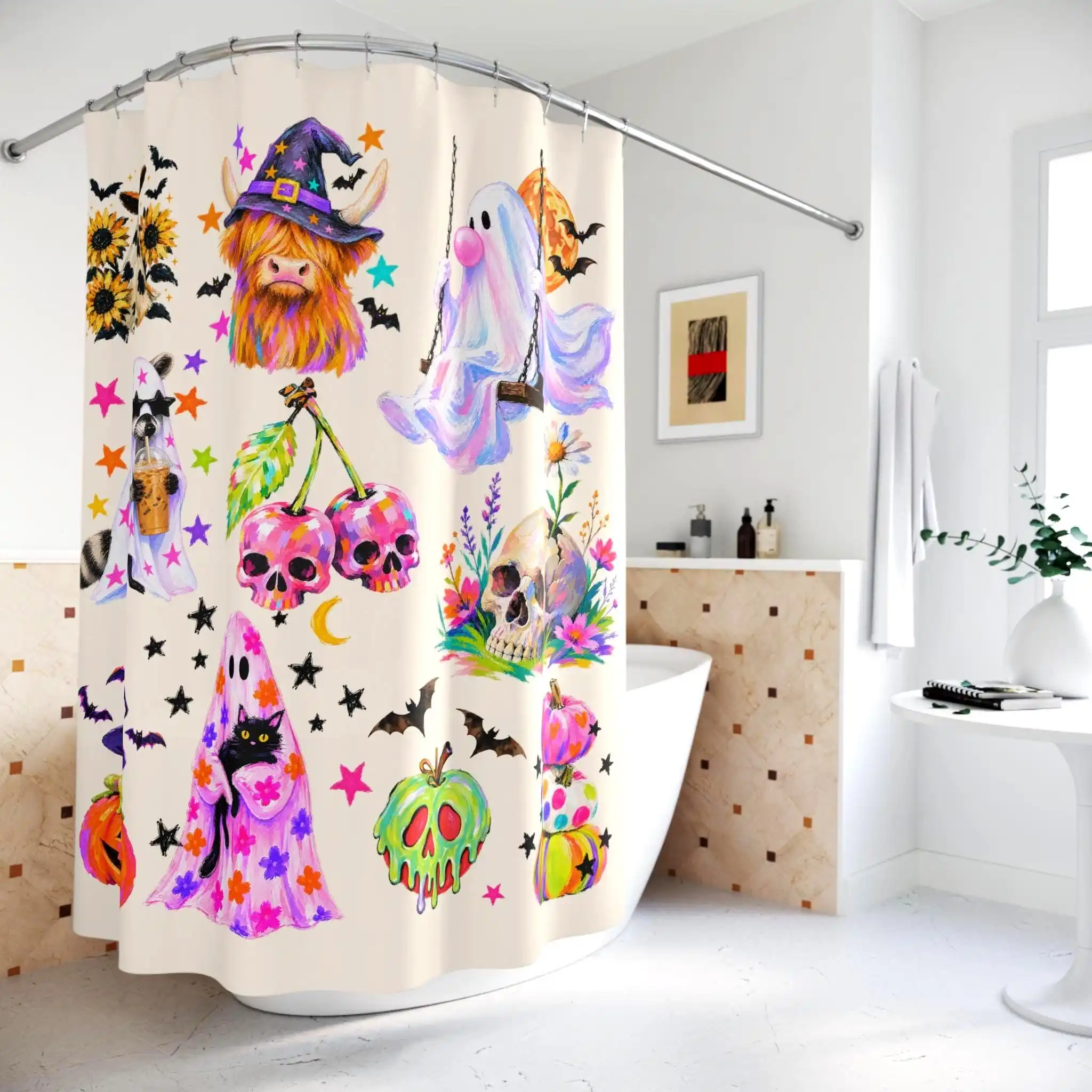 Spooky Cute Halloween Bathroom Shower Curtain Kawaii Skeleton Witch Pumpkin Bat Art