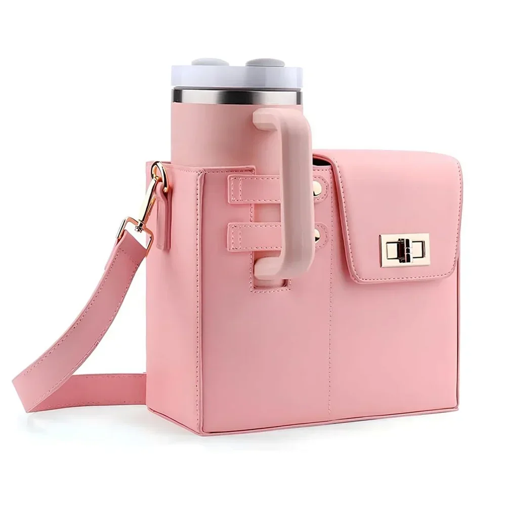 Outdoor Portable Crossbody Water Cup Storage Bag Water Bottle Carrier with Adjustable Strap Leather Carrier Bag Storage Pocket