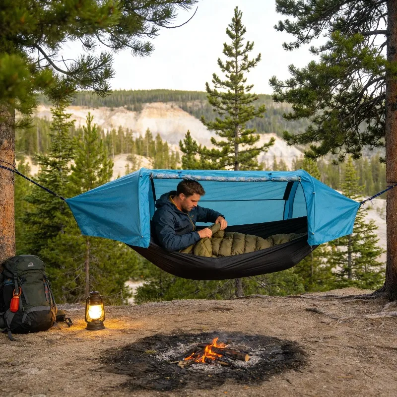 High Visibility Hammock with Reflective Trim on Mosquito Net and Nylon Straps for Safety in Low Light Camping