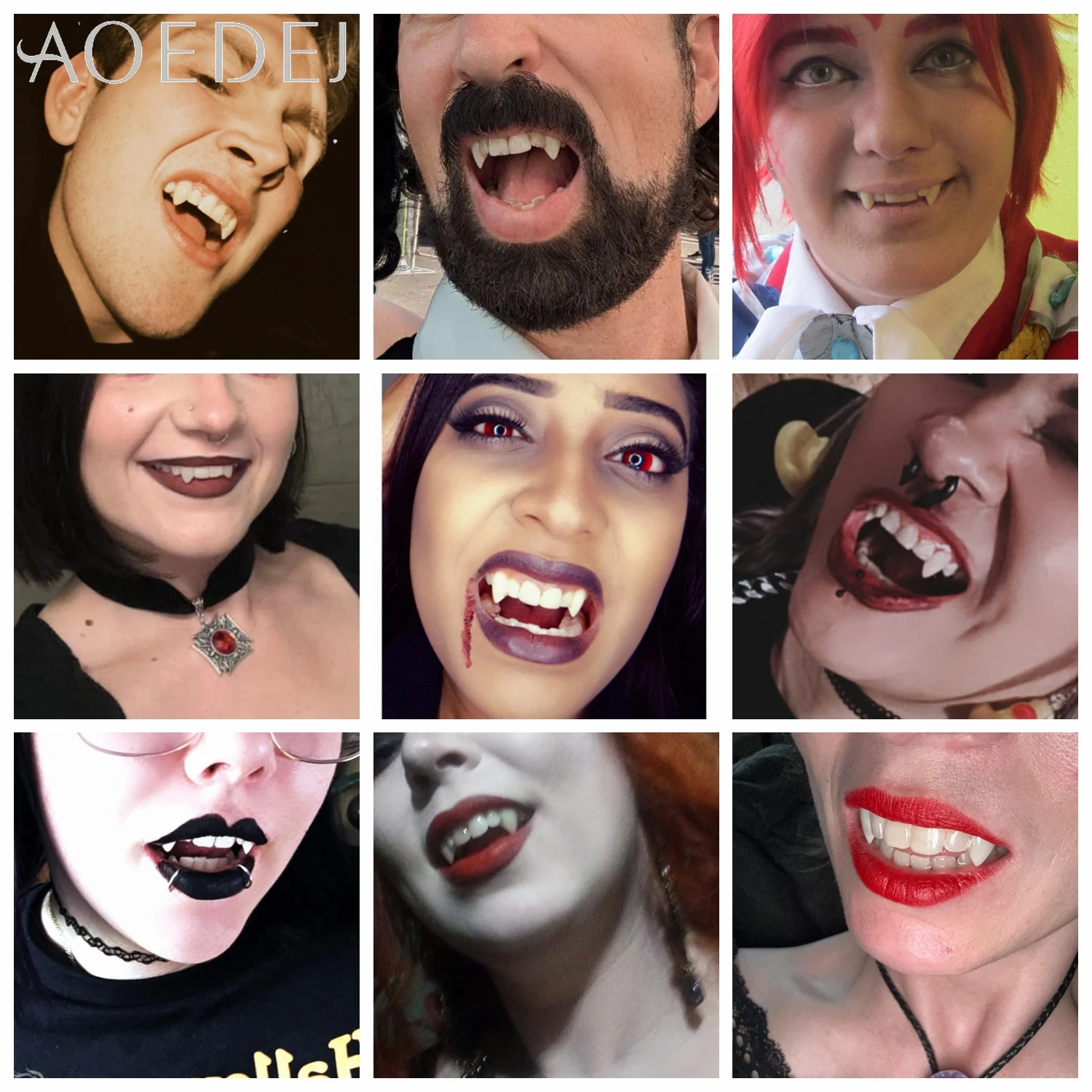 AOEDEJ, 1 par, 13/15/17/19MM, colmillos de vampiro para Halloween, dentaduras postizas de resina, dientes de vampiro para hombres y mujeres, accesorios para fiesta de Cosplay, colmillos, regalos