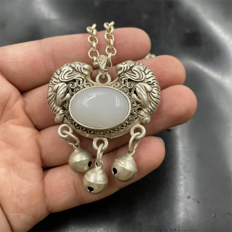 Retro Tibetan Silver Inlaid Imitation White Jade Hundred Blessings Lock Pendant Sweater Chain Fashion Versatile
