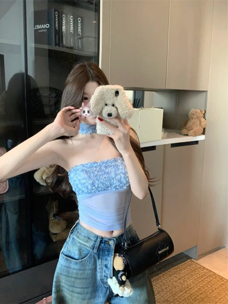 

Женский укороченный топ с пайетками и лоскутным узором, облегающий, для ношения под одеждой, с дизайнерским эффектом, сексуальный, без рукавов