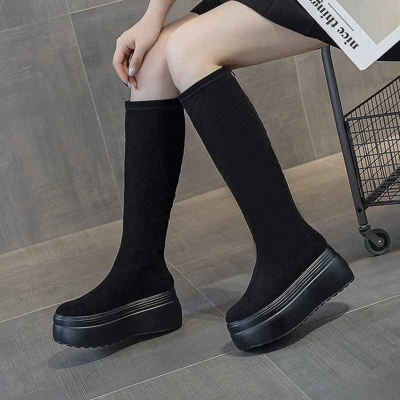 الشتاء منصة فاسق نمط امرأة الركبة عالية التمهيد موجزة الانزلاق على أحذية ضئيلة مرنة السيدات سميكة القاع فارس الجوارب الطويلة