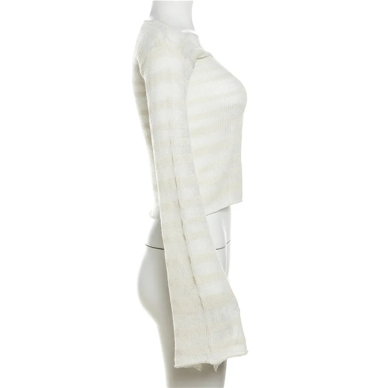 Knitted Sexy Sweater Tops Striped Y2K Fashion Sweatshirts Streetswear 2023 Winter Fall Clothes Women Girls Mesh Sheer Knit Tops