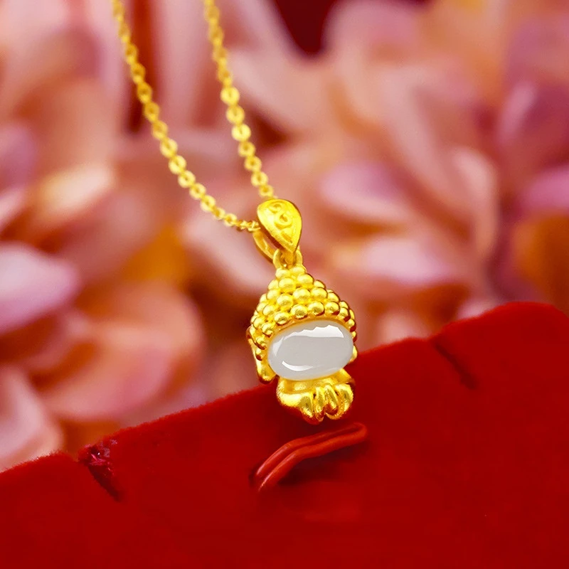 

Real 18K Gold Color Necklace Fine Jewelry Lovely Hetian Jade Buddha Pendant Clavicle Necklaces for Women Mom Birthday Gifts