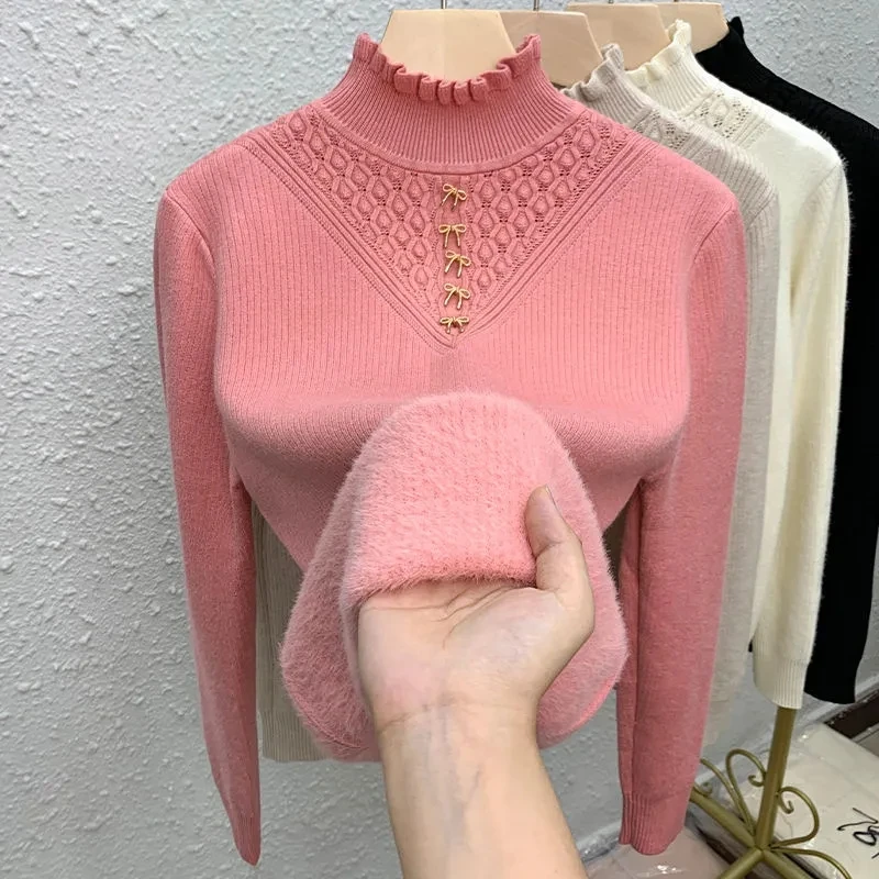 Thickened Knitted Pullover Soft Women's Casual Long Sleeved Knitted Bottom Sweater Warm Half High Collar Knitwear Sueter Top