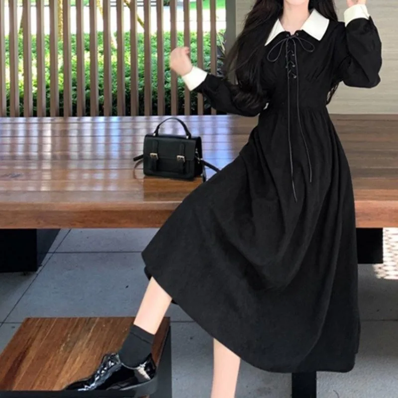 Women Vintage Corduroy Bandage Contrast Color High Waist Elegant Party Dresses Y2K Harajuku Long Sleeve Slim Midi Dress Vestidos