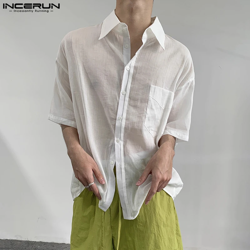 

INCERUN Men Shirt Solid Color Lapel Short Sleeve Summer Loose Korean Style Men Clothing Streetwear 2025 Fashion Casual Male Tops