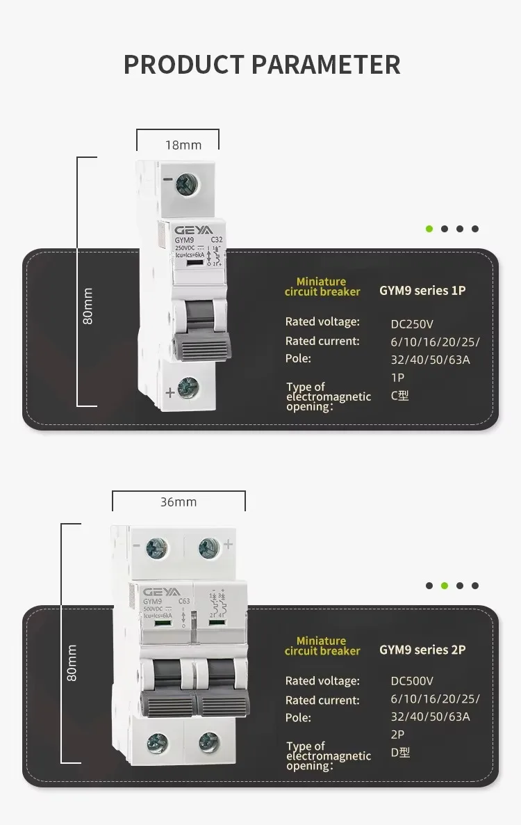 GEYA 1P 2P DC MCB 500V Solar Power Mini Leistungsschalter Überlastschutz Schalter 6A ~ 63A für Photovoltaik PV System Schalter – Detail 7