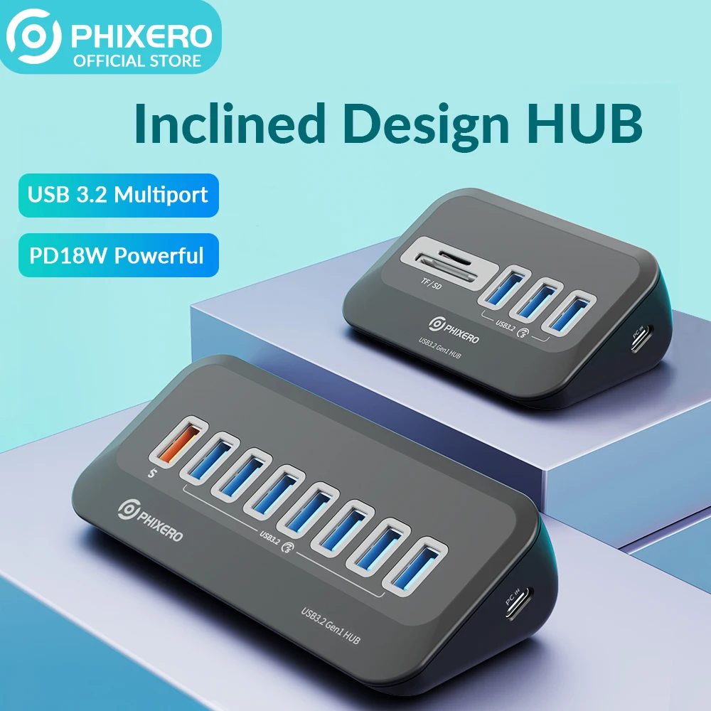 PHIXERO USB Splitter 3.2 High Speed Docking Station Hub Type C Adapter Multi Ports Several Socket OTG 3.0 with SD Card Reader