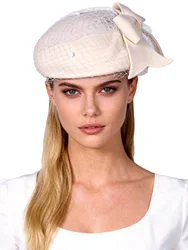 FS 100% Wool Felt Beret Wedding Bride Fascinators Hat With Veil Bowknot Cocktail Tea Party Dress Church MillineryCap Female Hat