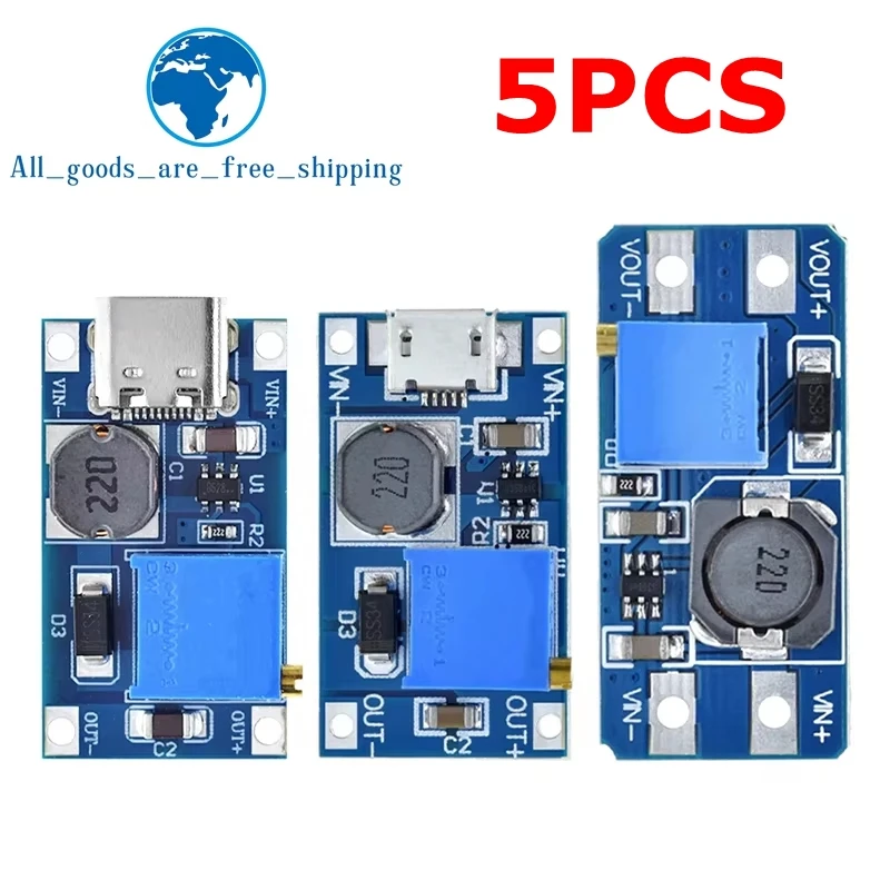 TZT 5PCS MT3608 DC-DC Adjustable Boost Module 2A Boost Plate Step Up Module with/without MICRO USB 2V-24V to 5V 9V 12V 28V