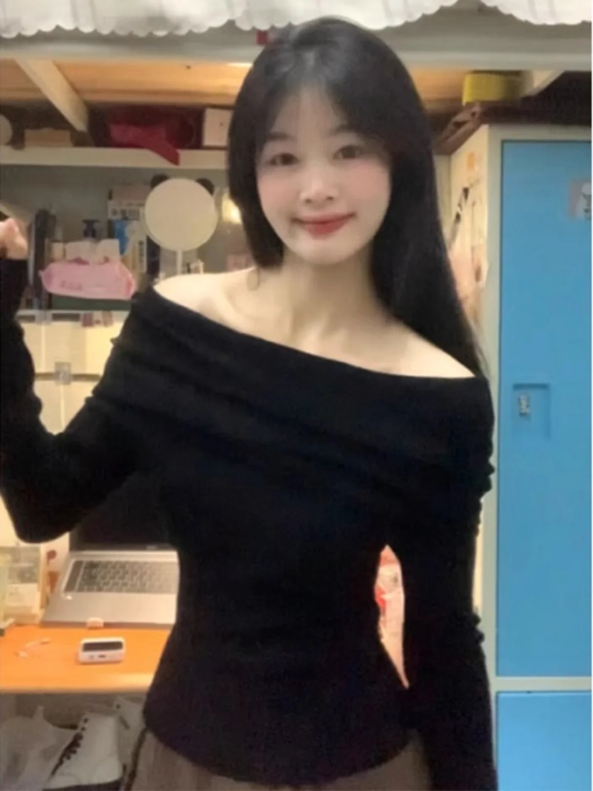 

Black One-Shoulder Knitted Sweater Autumn Winter Style Women's Base Layer Shirt Korean Commute Style Long Sleeve Knitwear