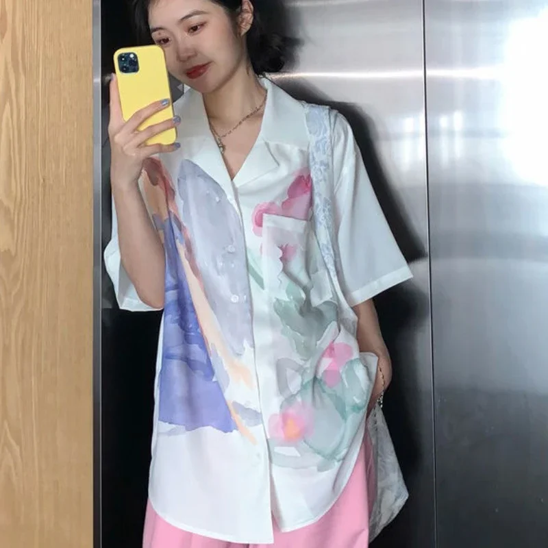 

Shirts Women Summer Loose Chic New Female Ulzzang Streetwear All-match Elegant Office Lady Causal Turn-down Collar Basic Design