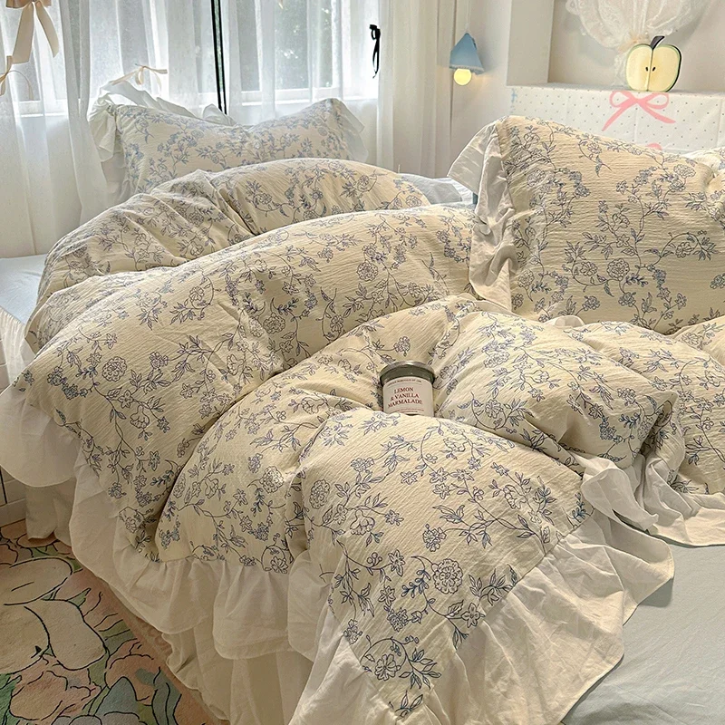 

Floral print Korean style Princess Lace Bedding Set Duvet Cover Set Washed Cotton Flat Sheet set Queen For Girl Decor Home