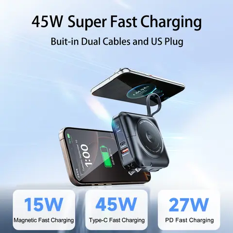 PowerBank wireless magnetico 5 in 1 Type-C 45W Ricarica rapida con doppio cavo Spina CA per iPhone 12-17 Airpod Android 15000mAh