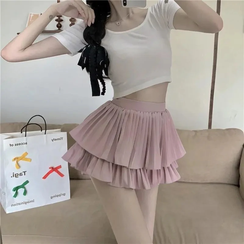 

Princess Style Double Layer Cake Skirt High Waist Pleated Slimming Half Skirt Trendy Anti-Light Summer New Arrival
