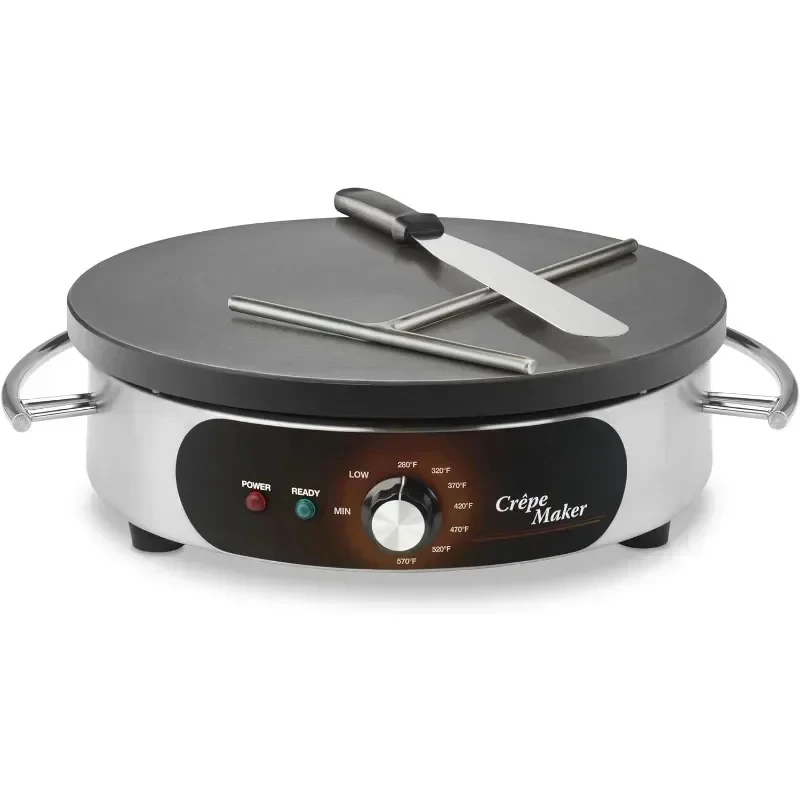 Commercial Electric Crepe Maker, Cast Iron Cooking Surface, Stainless Steel Base, Includes Batter Spreader and Spatula